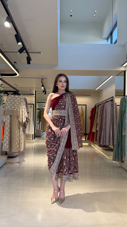 Draped one shoulder Jelwa Dress-Maroon