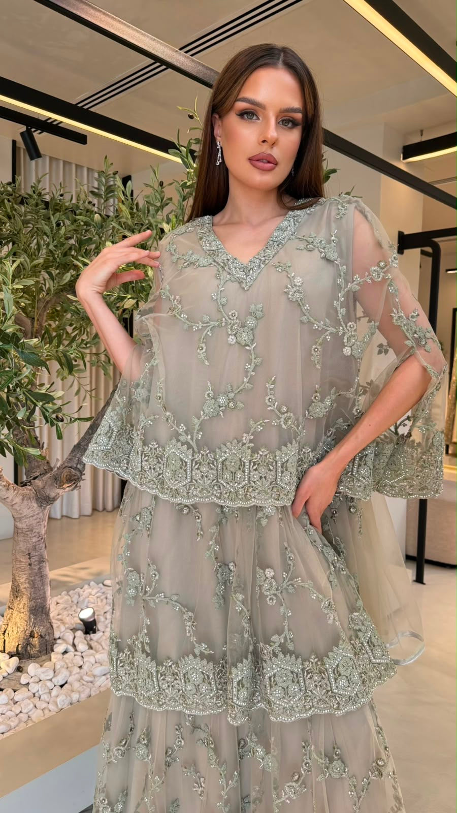 Triple Layer Jelwa Kaftan - Greyish Green