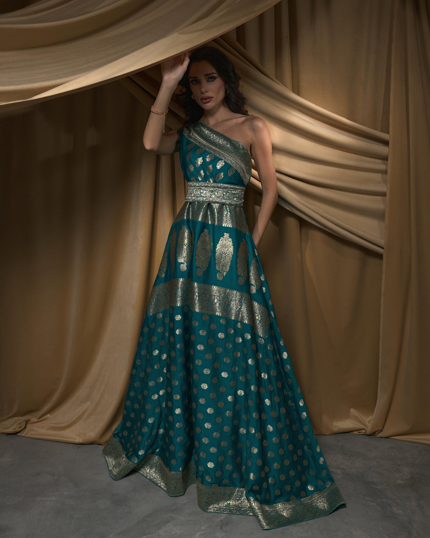 One Shoulder Asymmetrical Brocade Dress - Turqoise x Gold