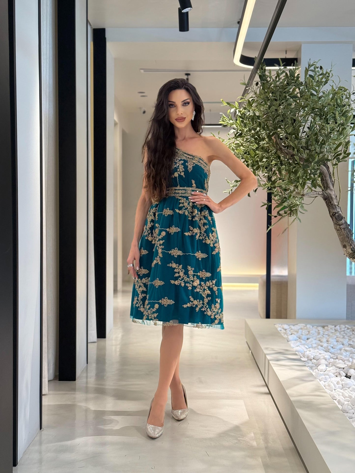 One shoulder Short Tulle Jelwa Dress- Forest Green