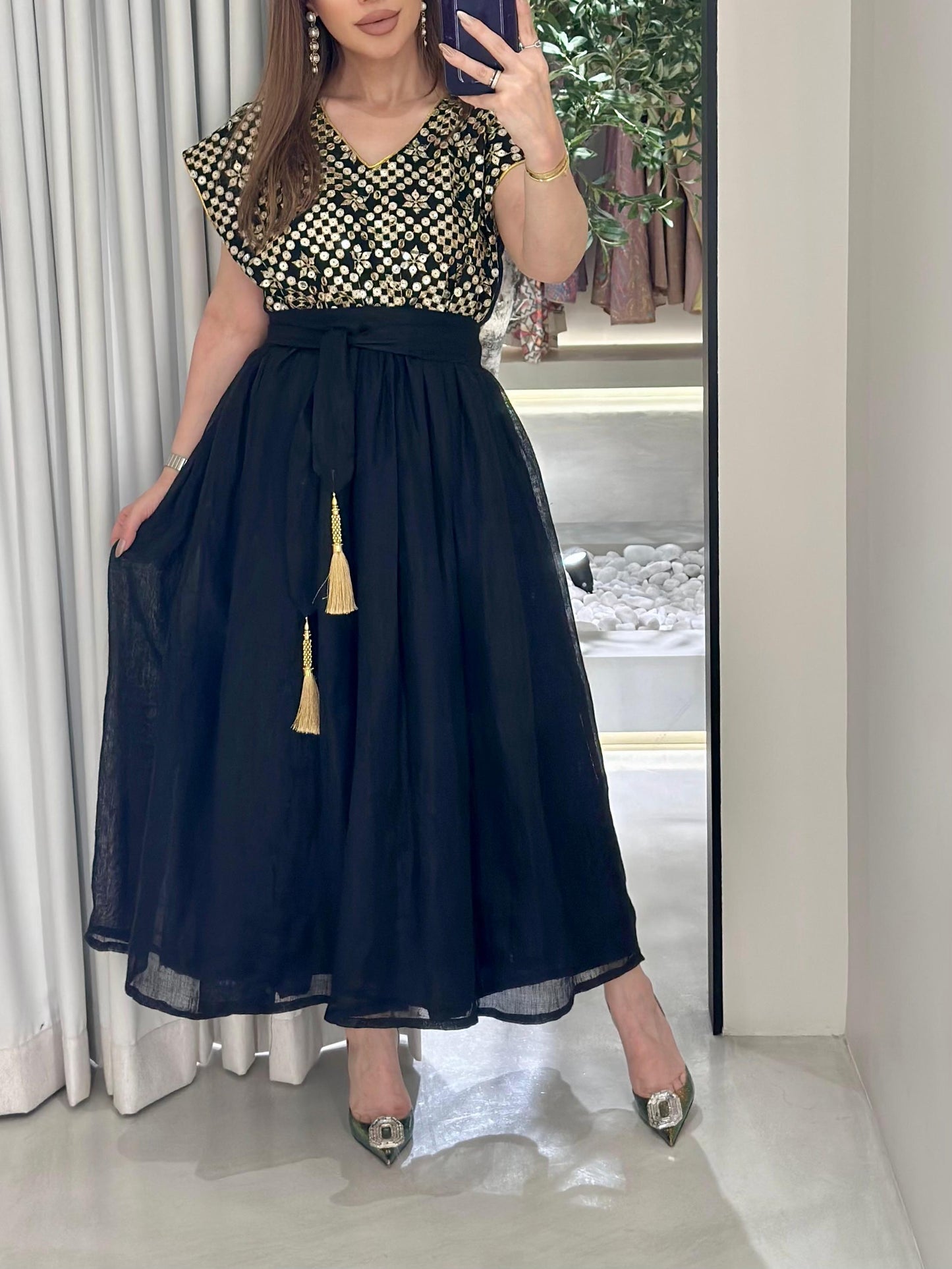 Floral Kaftan Dress- Black x Gold