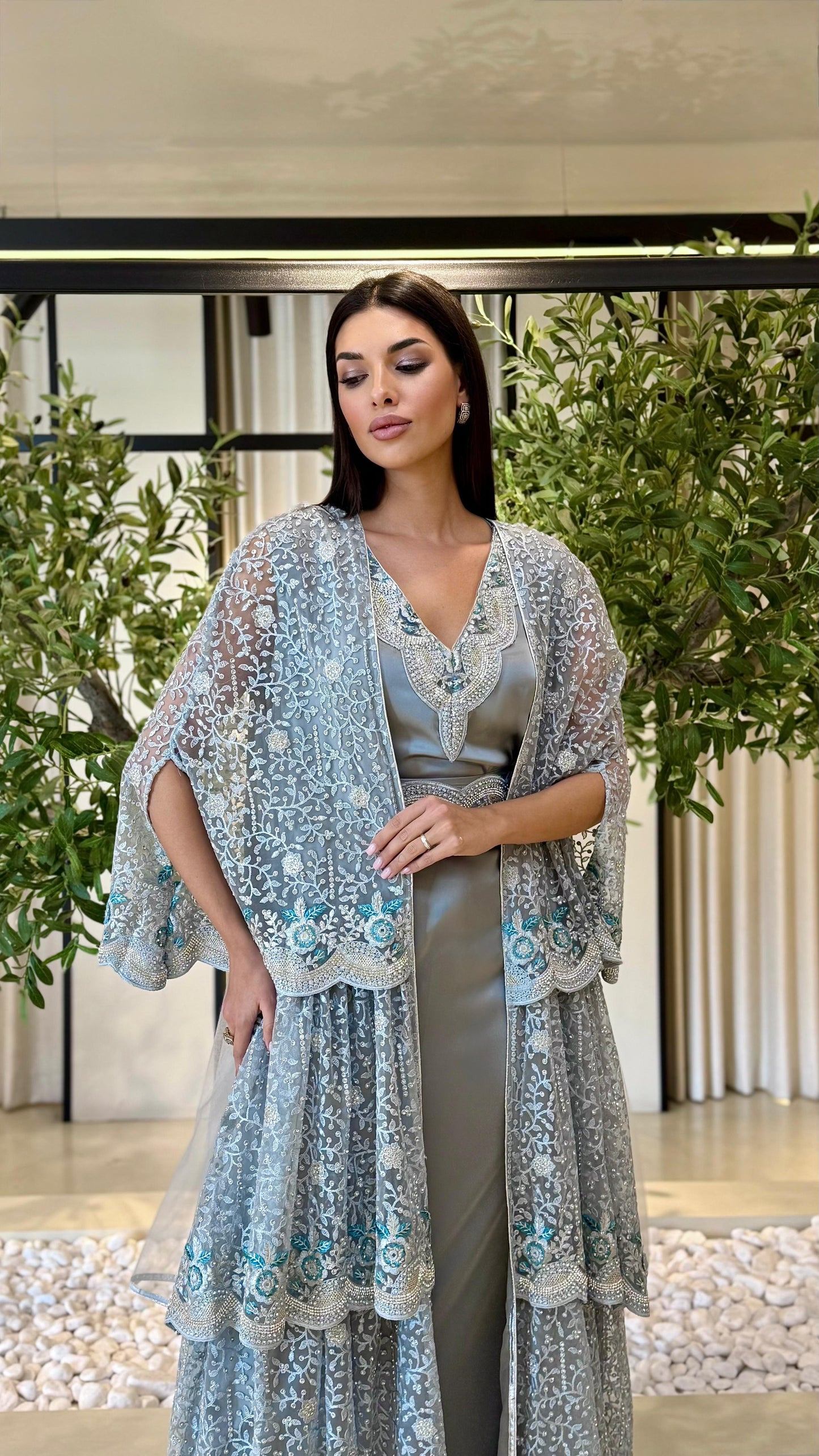 Triple Layer Cape Bisht set-Grey