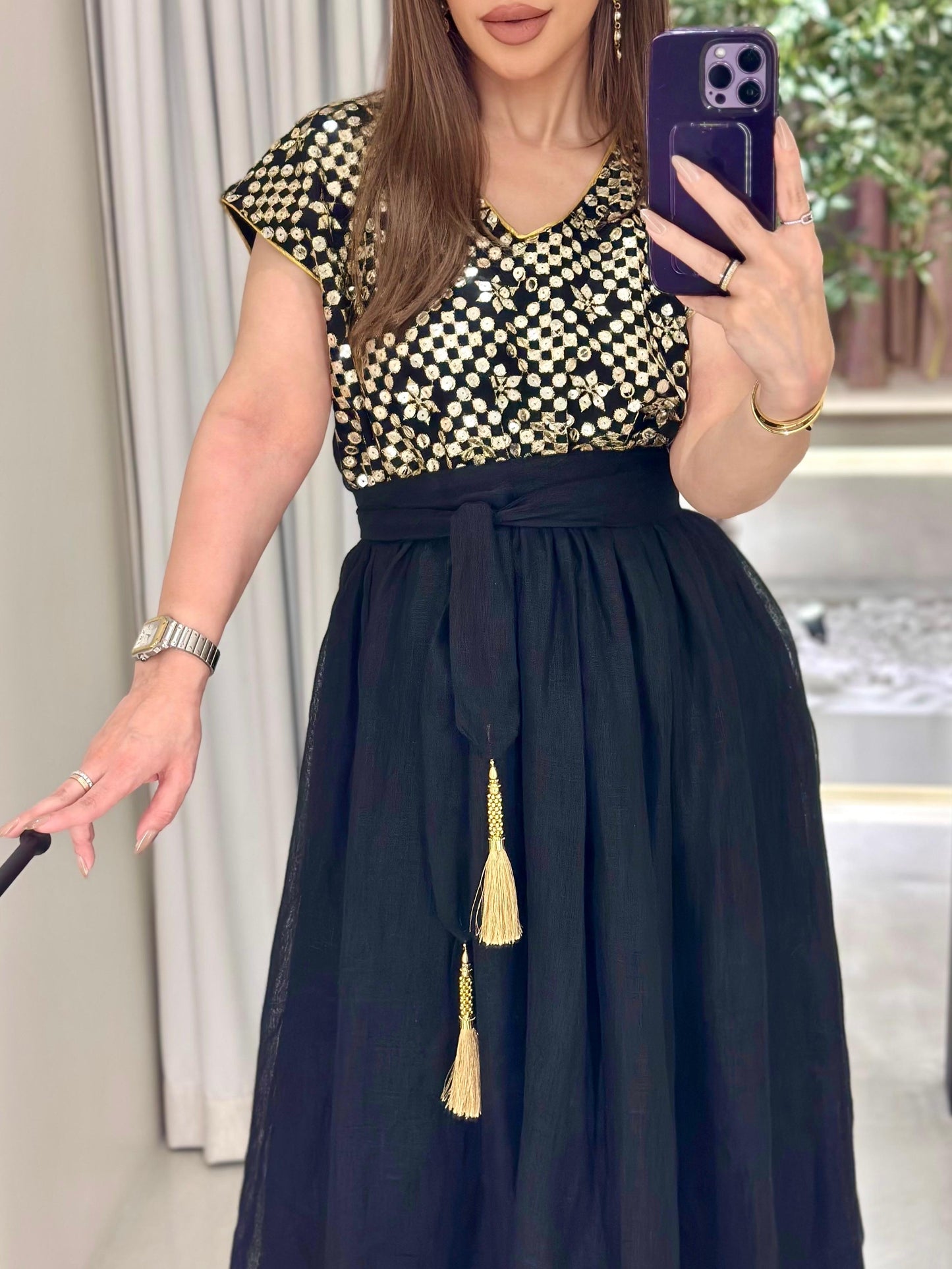 Floral Kaftan Dress- Black x Gold