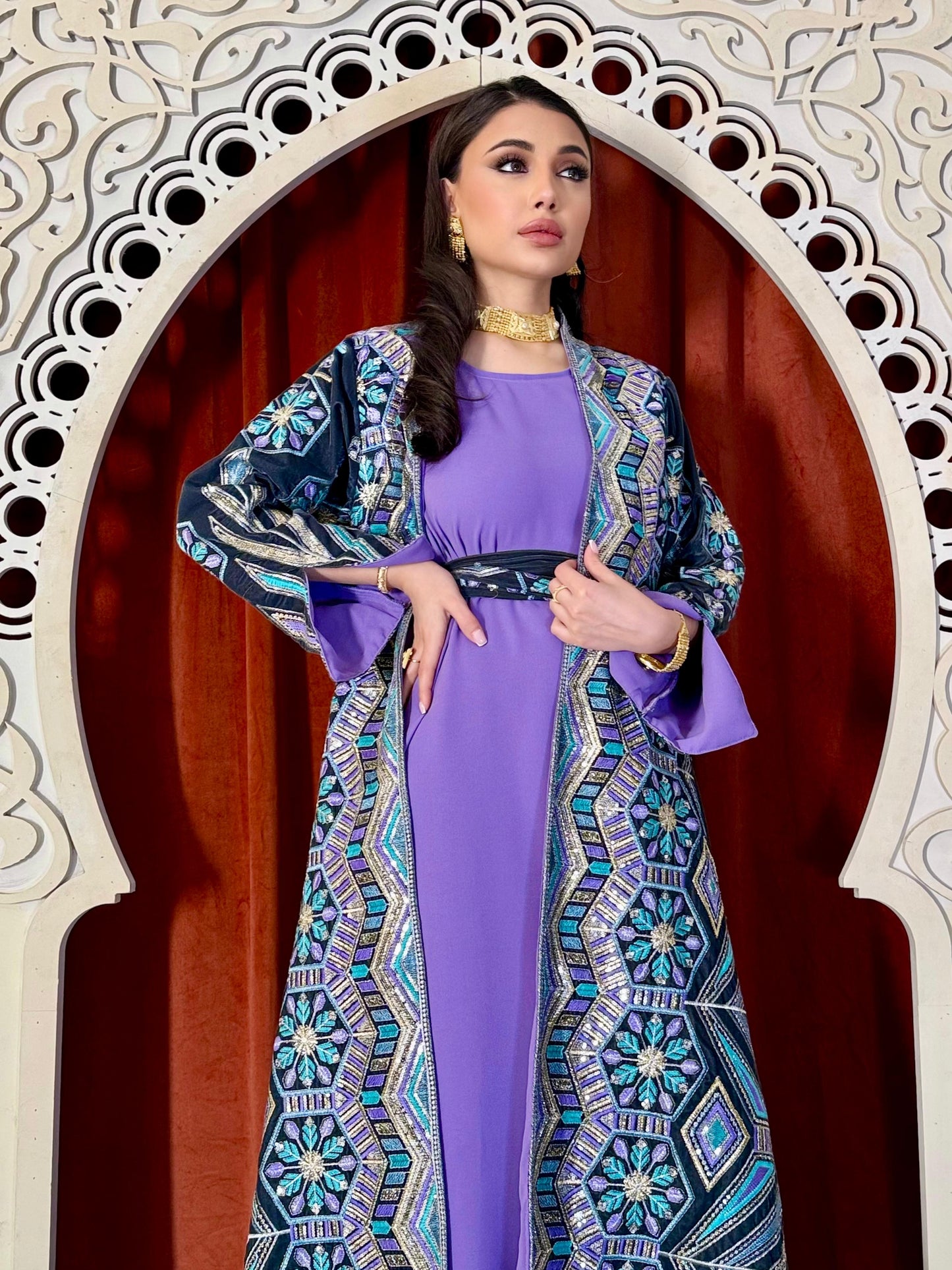 Velvet Dagla Set Kaftan -Dark Green x Purple