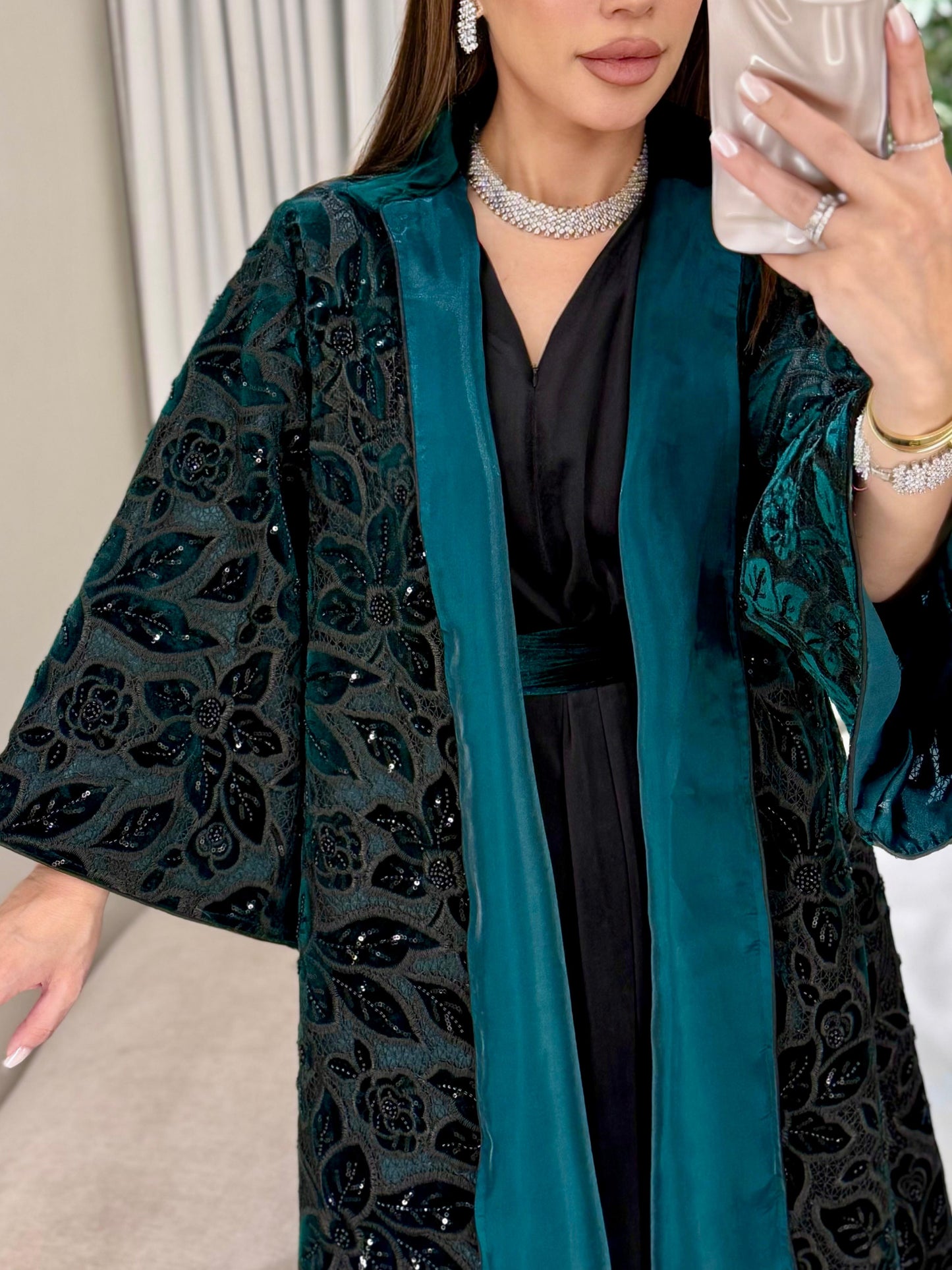 Velvet Bisht - Black x teal x cutouts & Embellishments