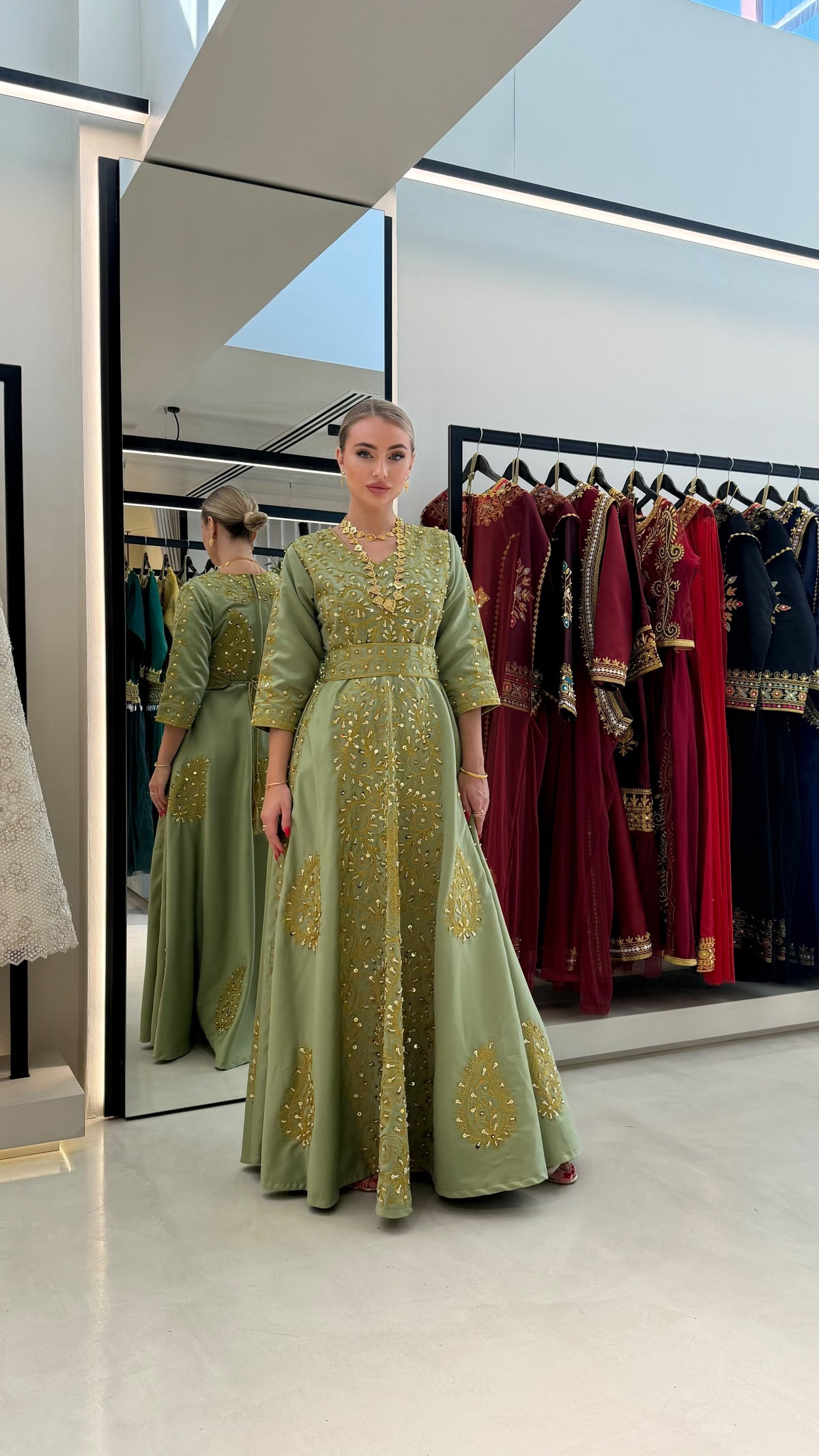 Nashel Jelwa Sattan Dress- Moss Green x pearls embellishment