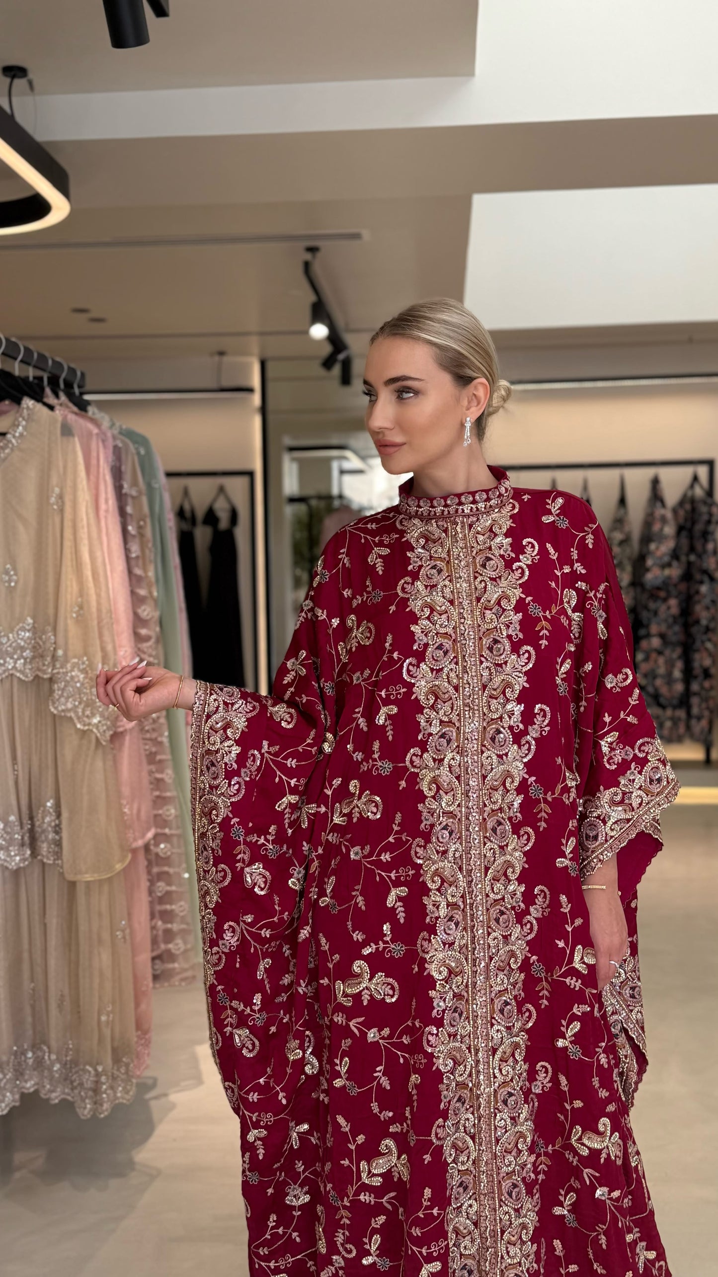 Wide Sleeves Jelwa Kaftan -Rich Red