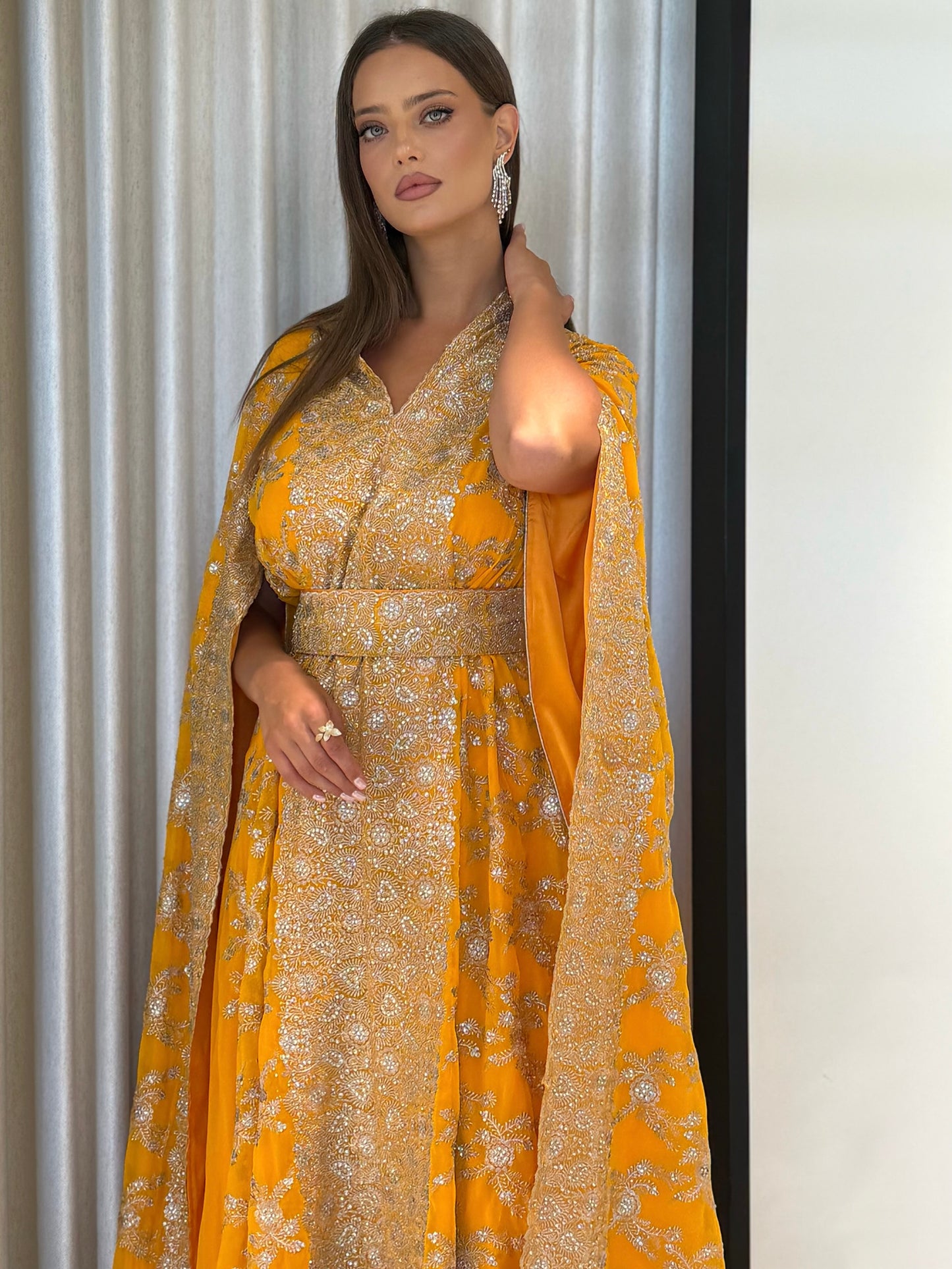 Jelwa Cape sleeves Dress- Mustard
