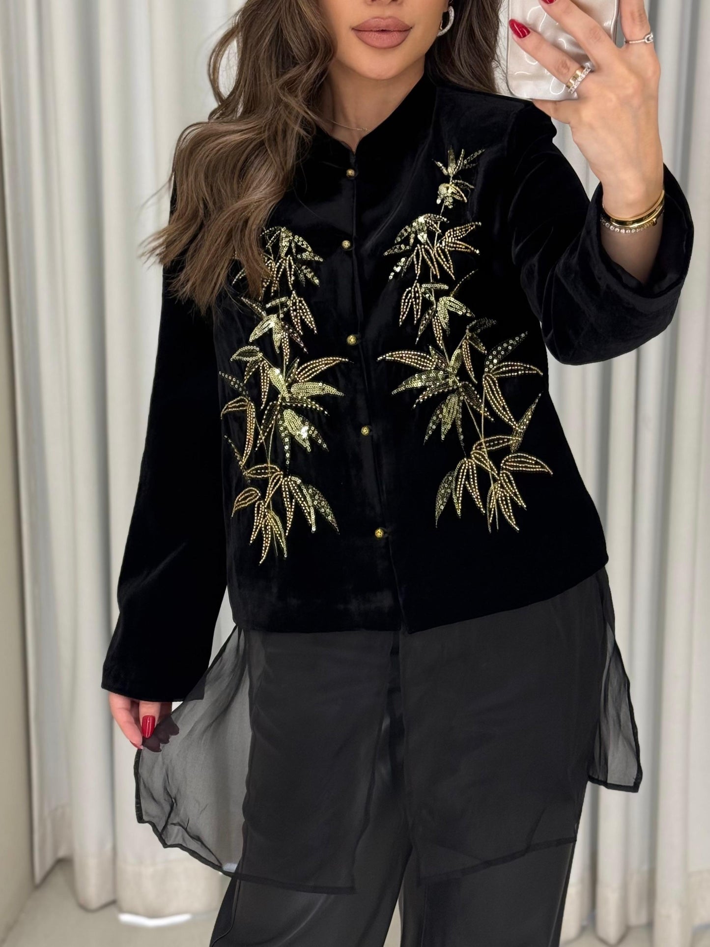 Black Velvet Embellished Blazer x Organza