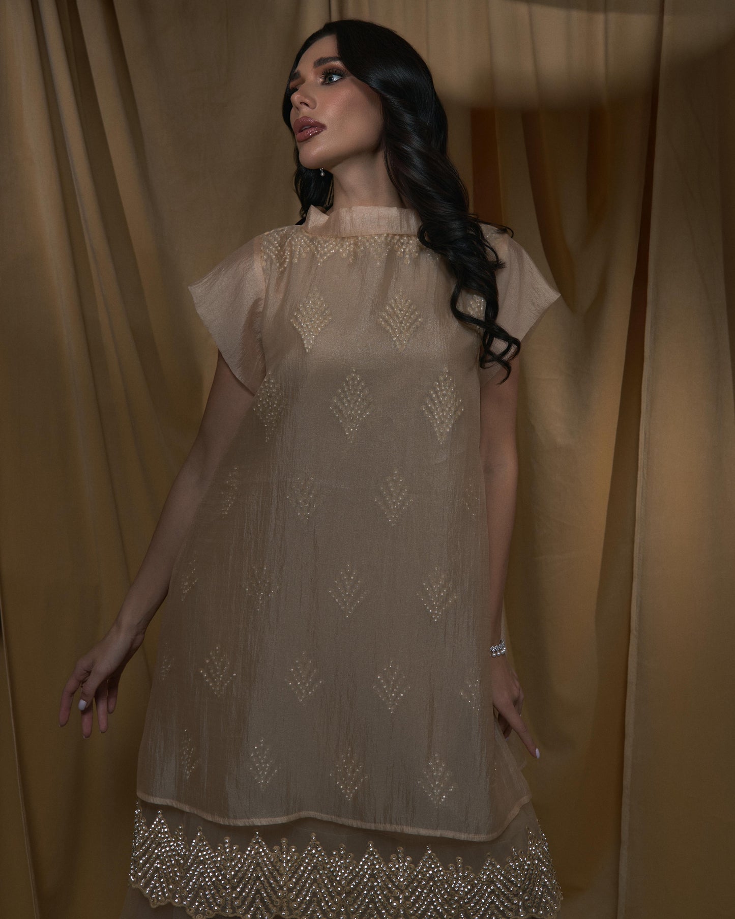 The Organza x Tulle Midi Dress - Caramel