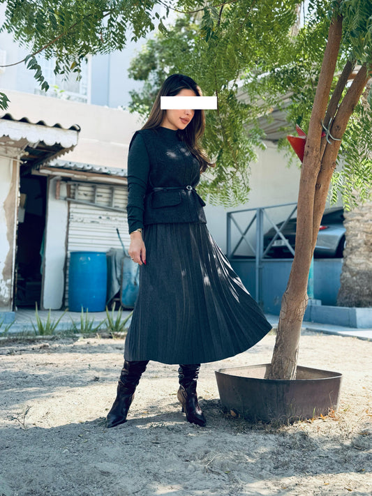 Winter Dress set - Midi x Vest x Belt -Grey