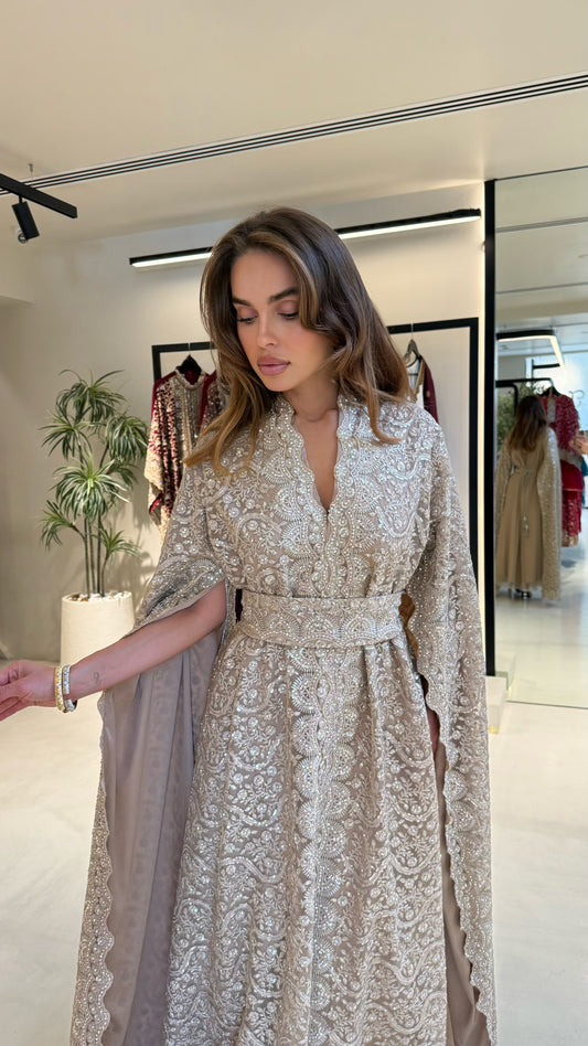 Long Cape sleeves Jelwa Kaftan -Nude