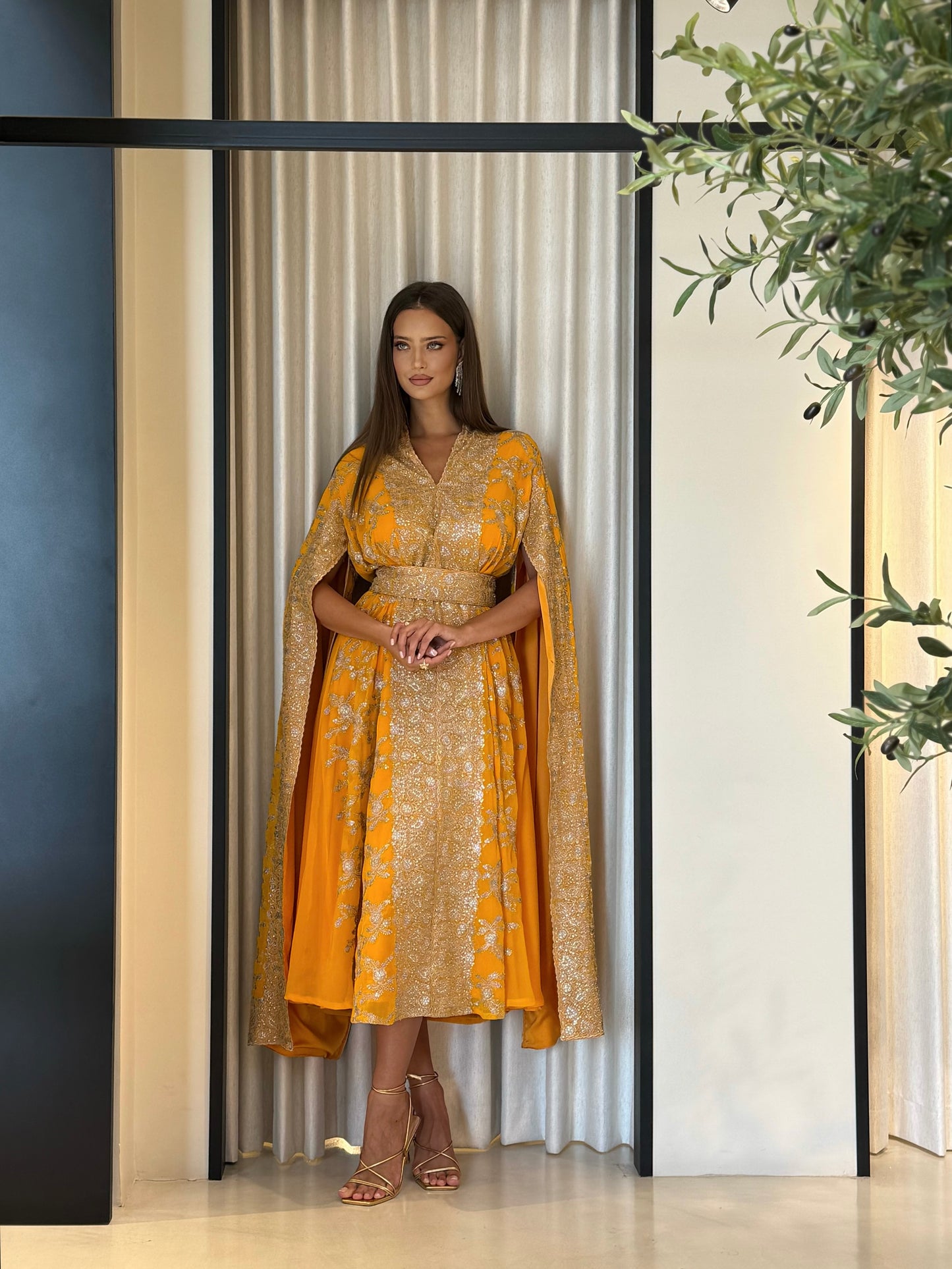 Jelwa Cape sleeves Dress- Mustard
