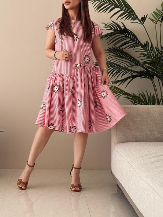 Lines x Florals mini Dress - Red