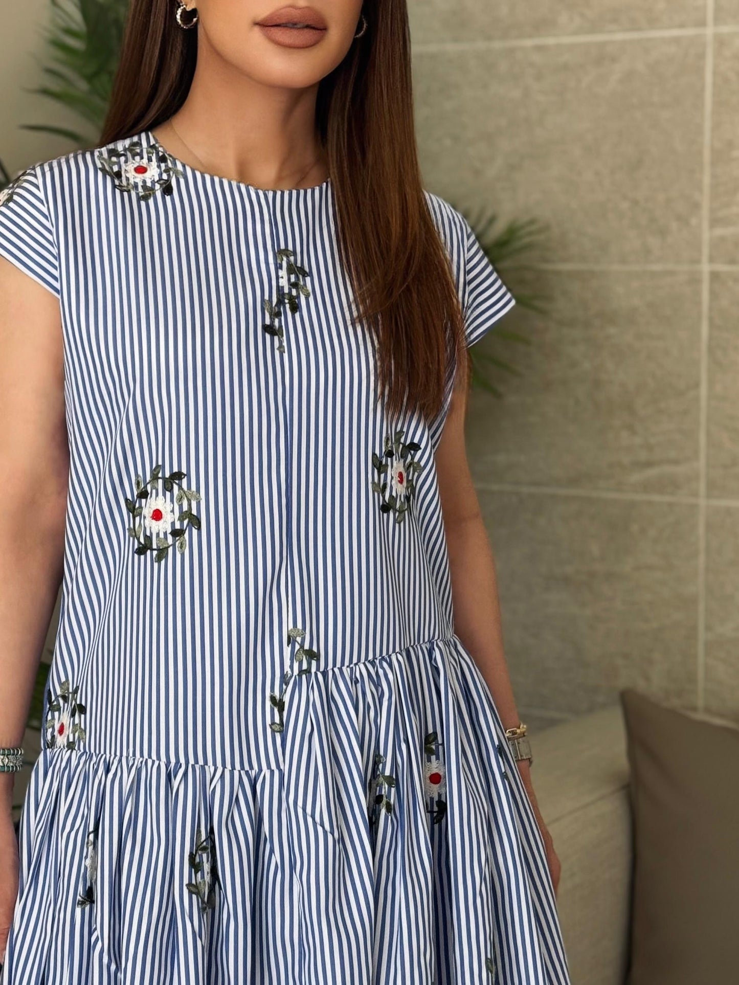 Lines x Florals mini Dress - Blue
