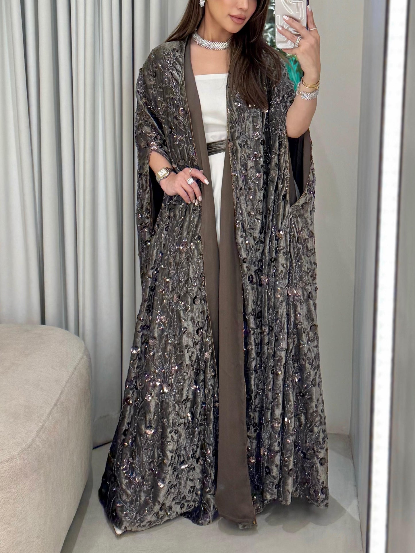 Cape Velvet Bisht-Mocha x Embellishments