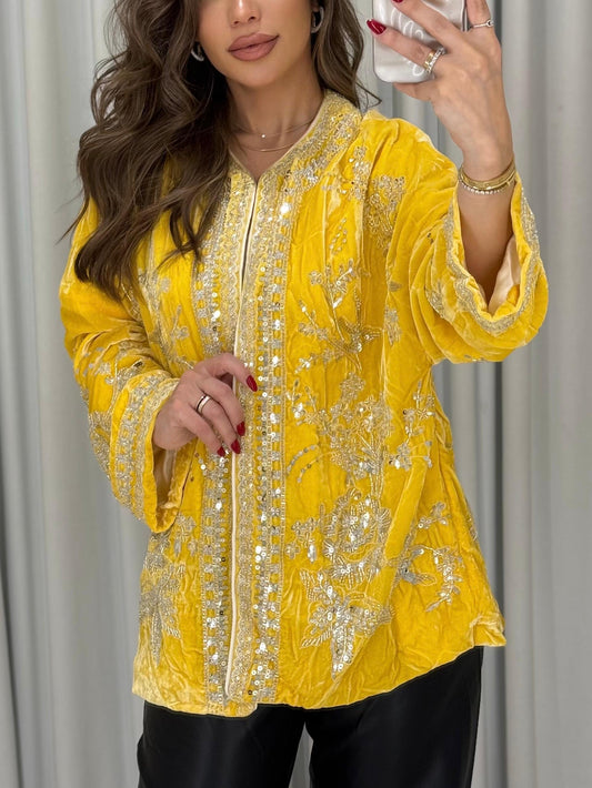 Yellow Velvet Embellished Blazer