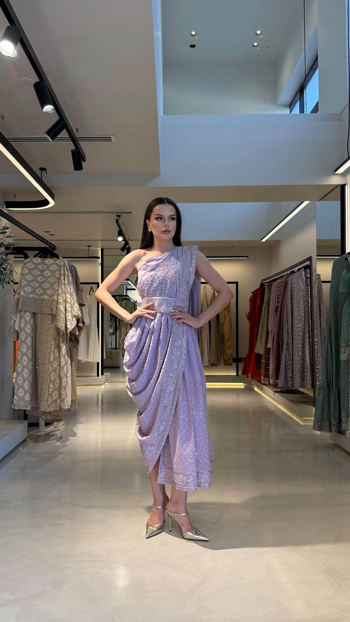 Draped one shoulder Jelwa Dress-Lavender