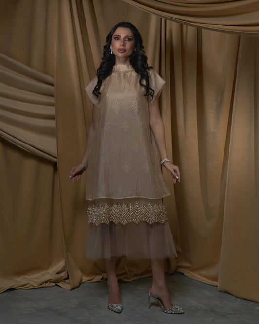 The Organza x Tulle Midi Dress - Caramel