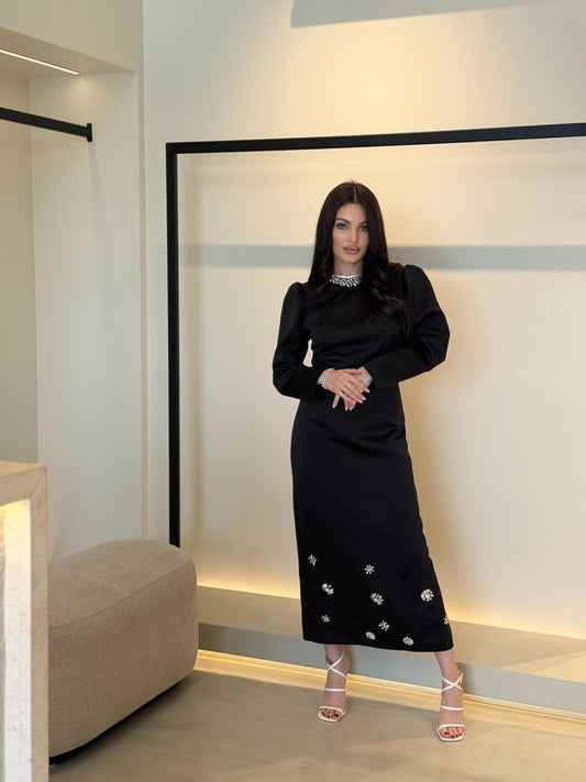 Black crystal midi dress
