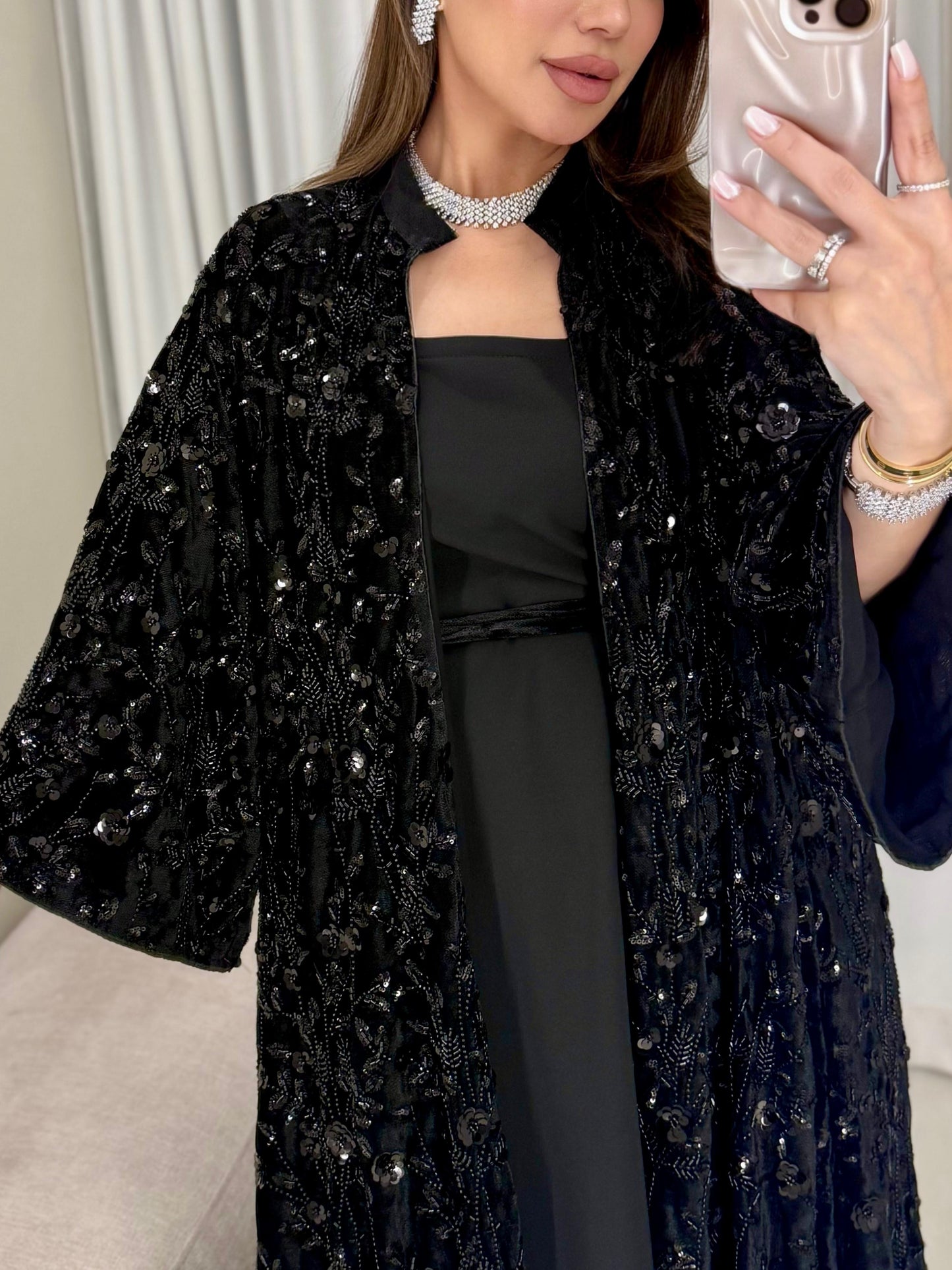 Velvet Bisht -Black  x Black Embellishments