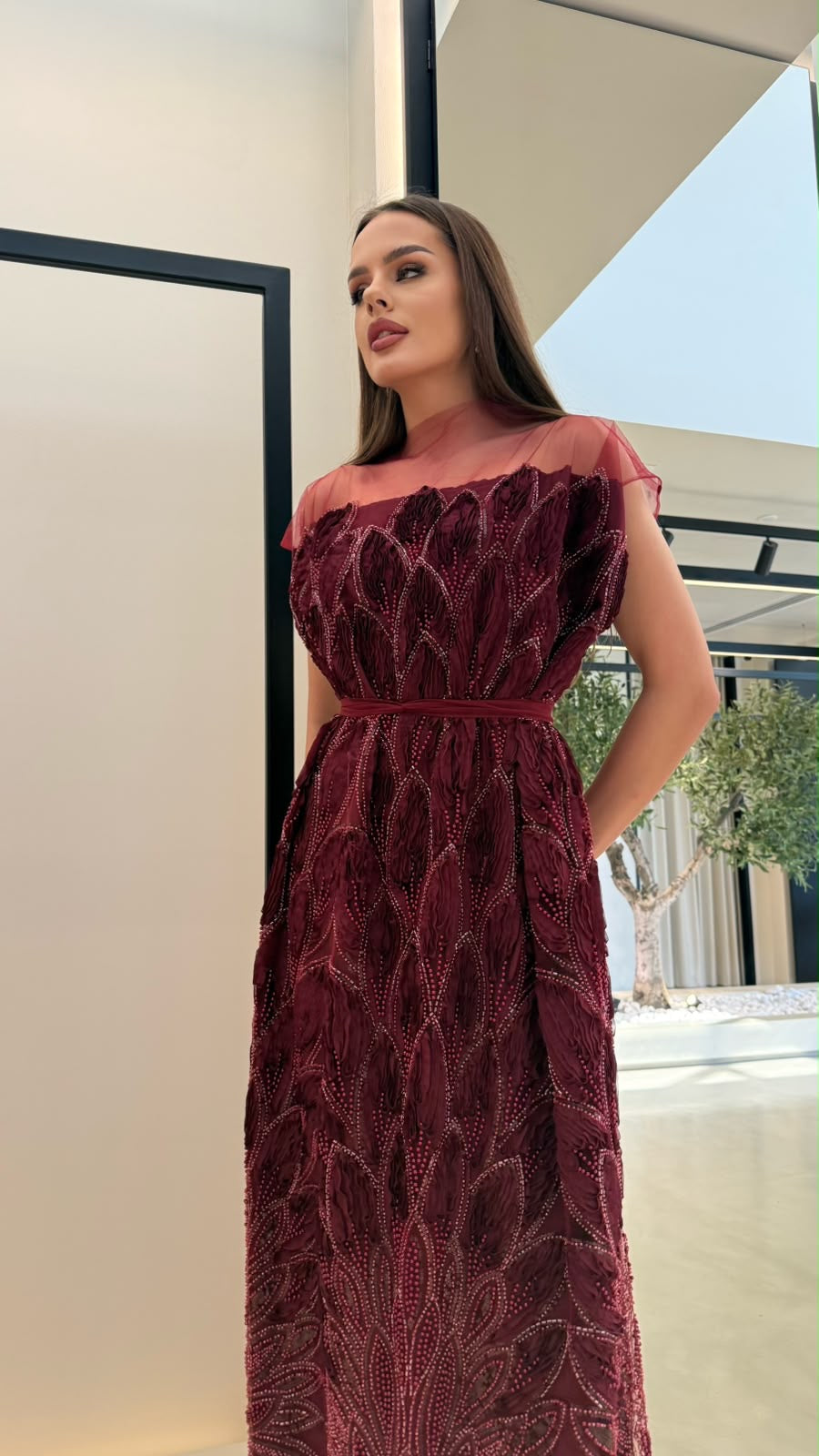 Straight cut Jelwa Kaftan-Maroon