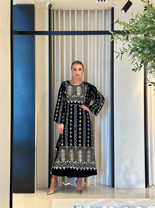 Fully embroidered velvet kaftan - Black