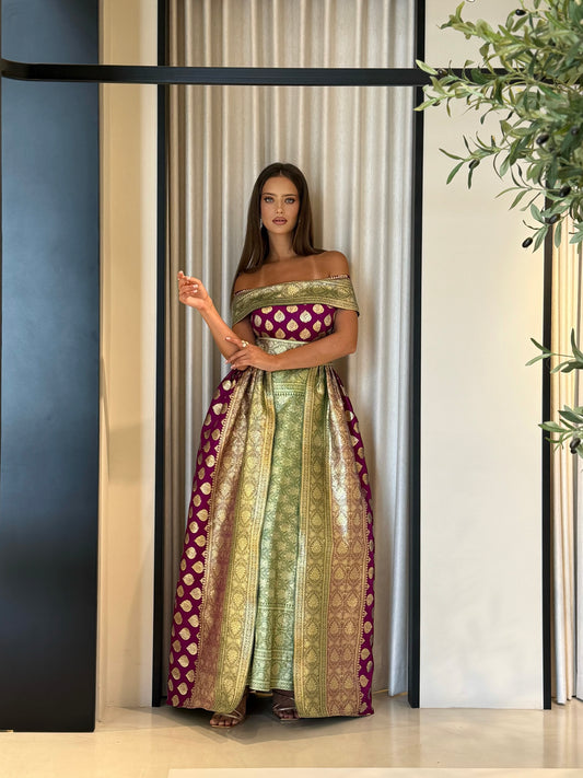 Jelwa Brocade Dress- Greenx mauve