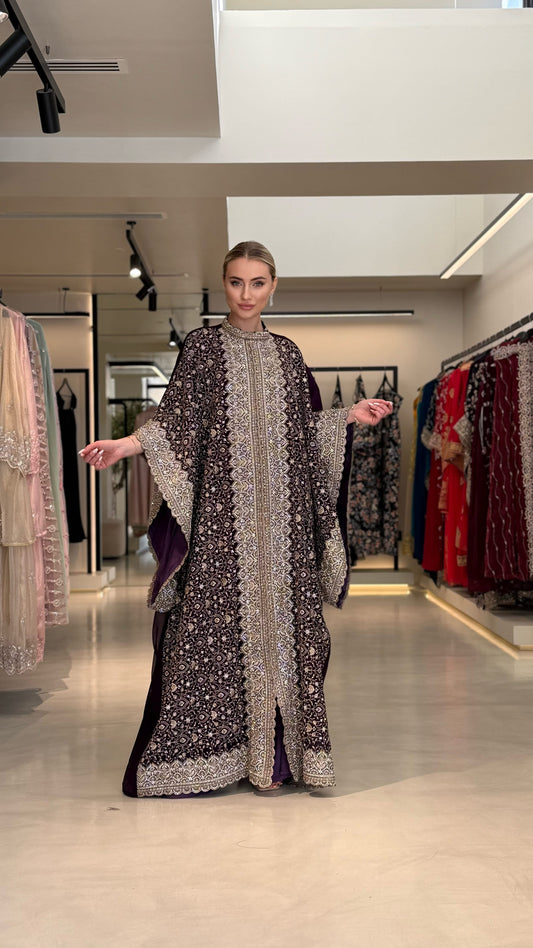 Wide Sleeves Jelwa Kaftan -Brown x gold