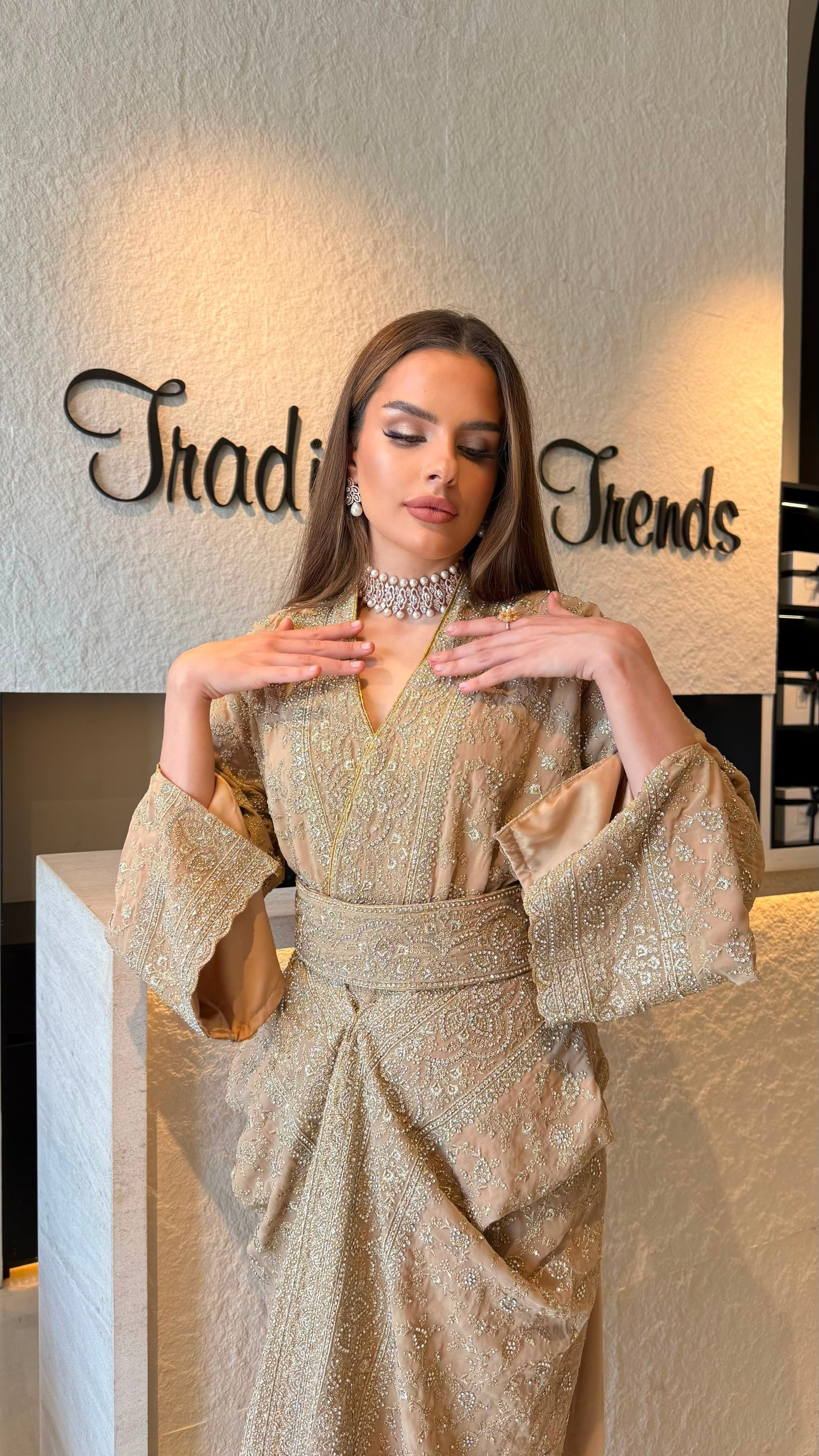 Draped long sleeve Jelwa Dress- Beige