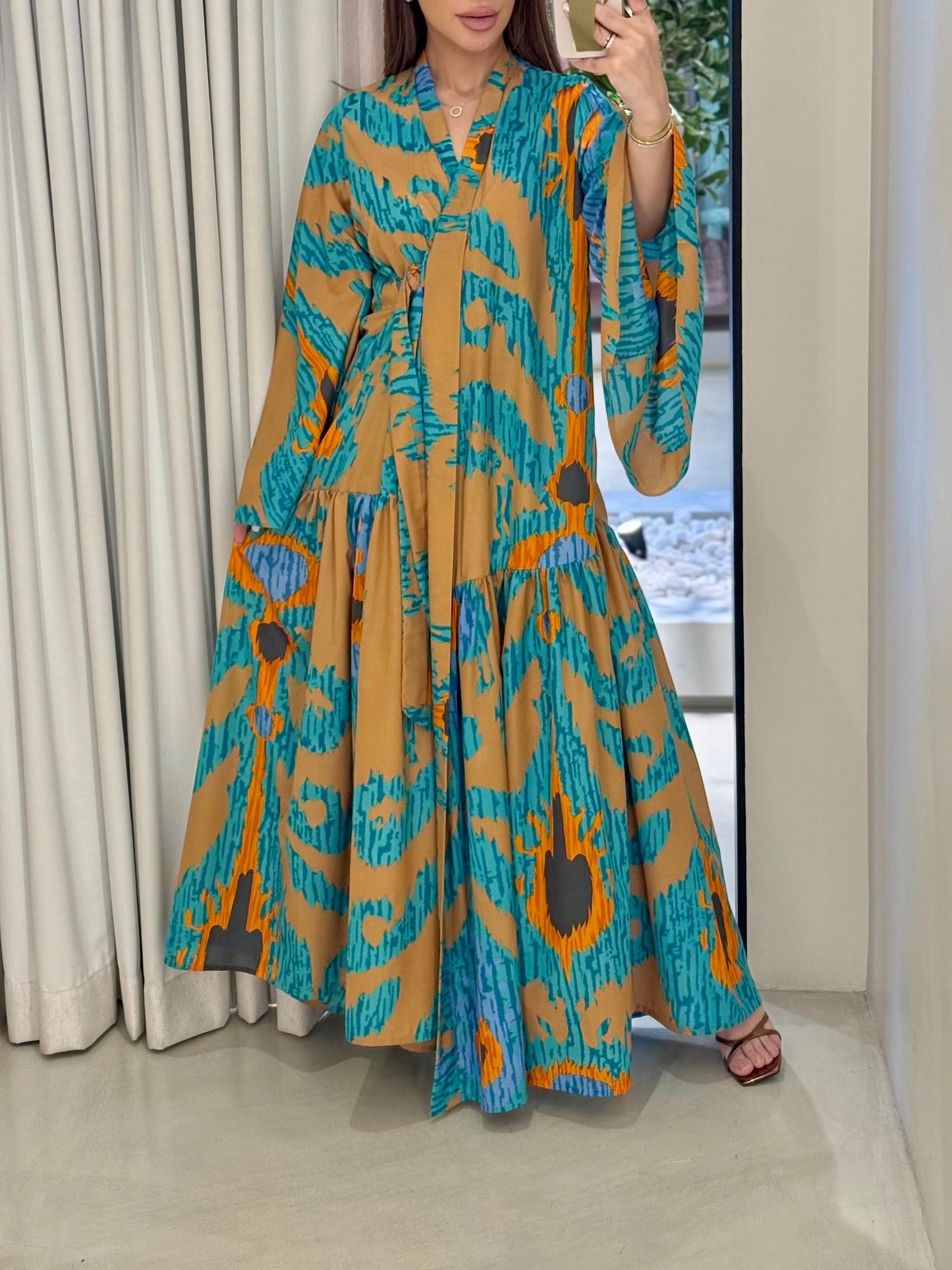 Wrapped Summer Kaftan Dress - Mocha x blue