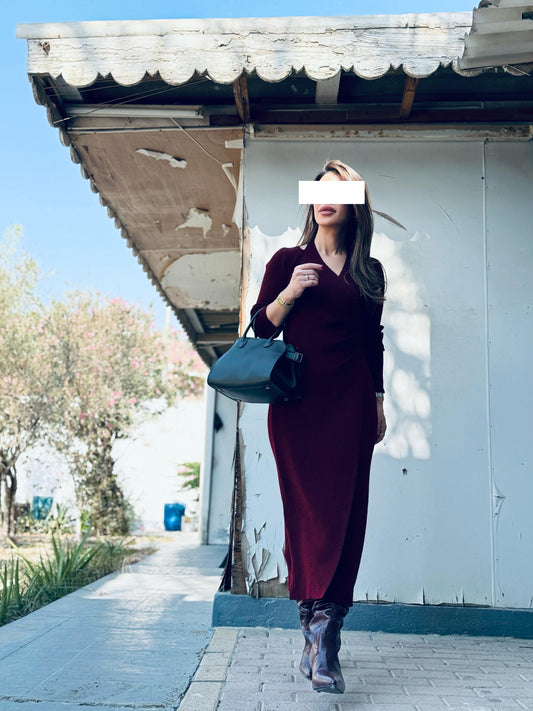 Winter Dress  - Draped wool Maroon