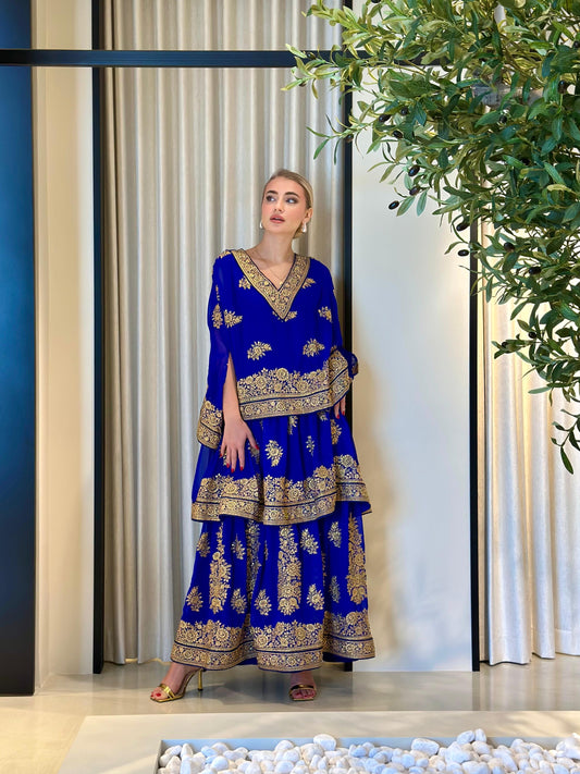 Triple Layer Cape Jelwa Kaftan - Royal Blue