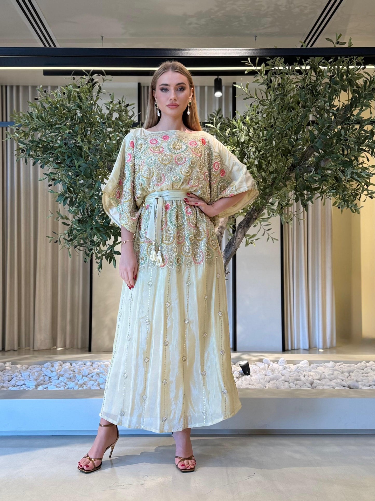 Fully Embellished Kaftan Dress- pink x blue