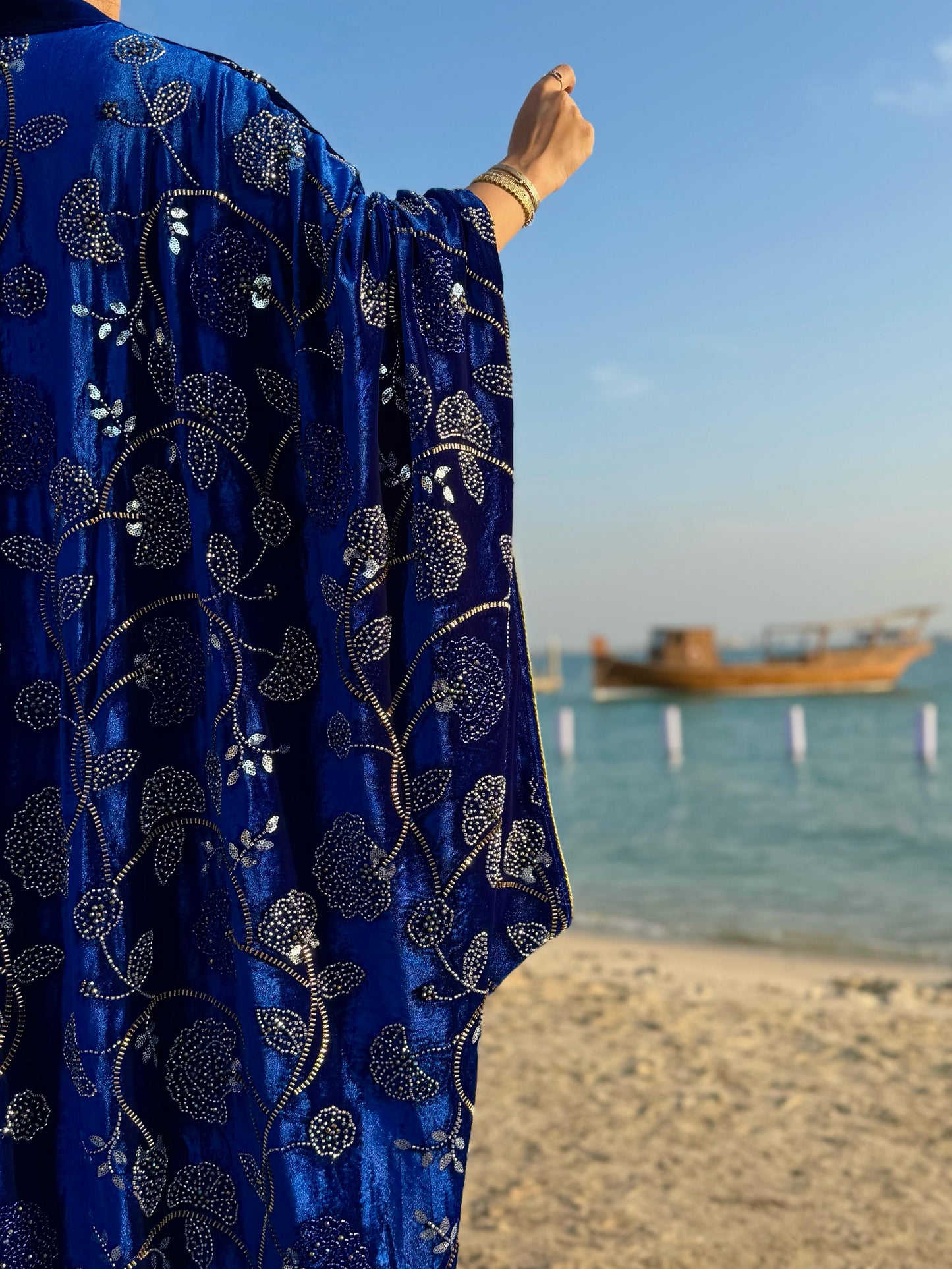 Wide Sleeves Velvet Bisht-Royal Blue x Embellishments