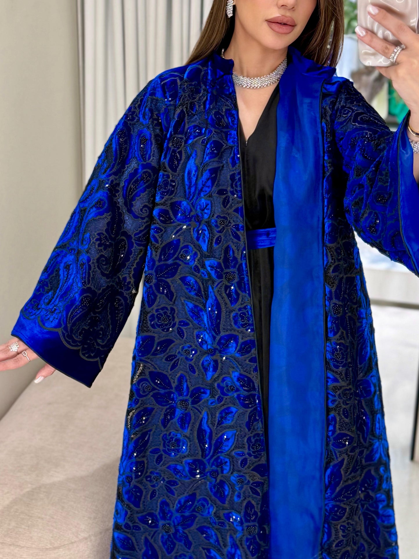 Velvet Bisht - Black x Royal Blue x cutouts & Embellishments