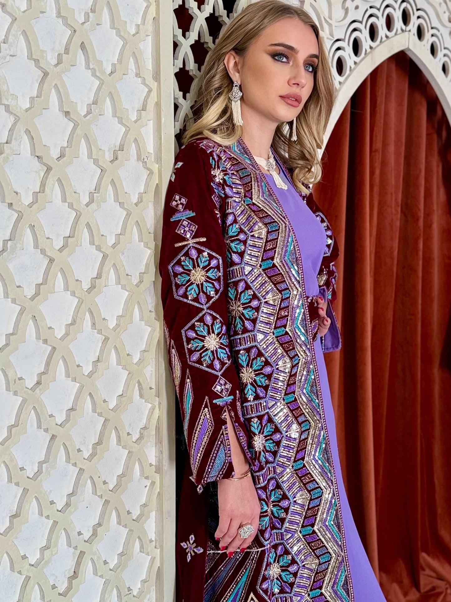 Velvet Dagla Set Kaftan -Maroon x Purple