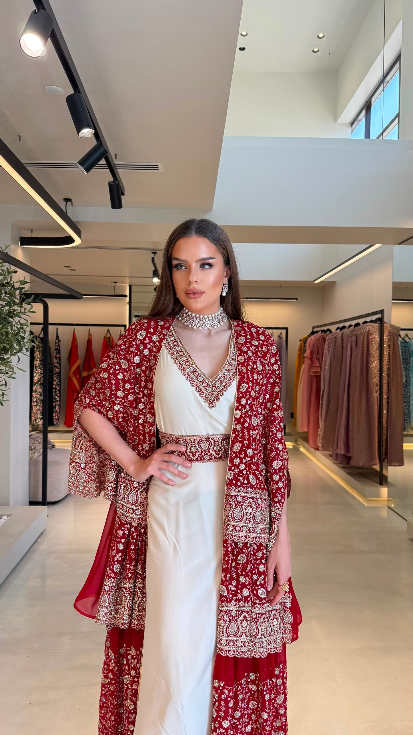 Triple Layer Jelwa Kaftan Bisht set - Scarlet
