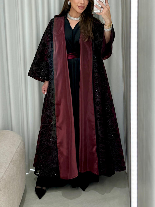 Velvet Bisht - Black x Maroon x cutouts & Embellishments