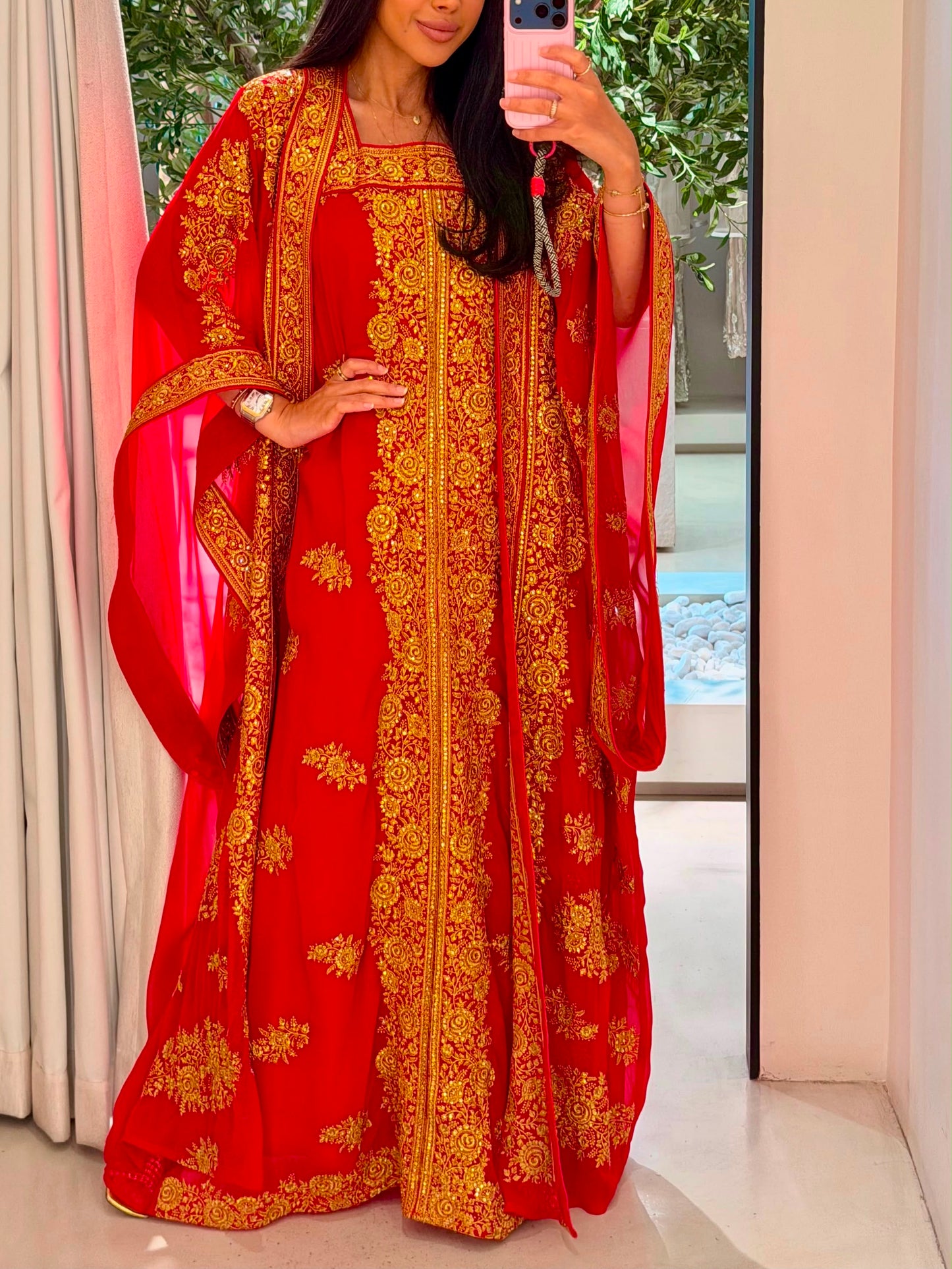Wide Sleeves Jelwa Bisht - Red