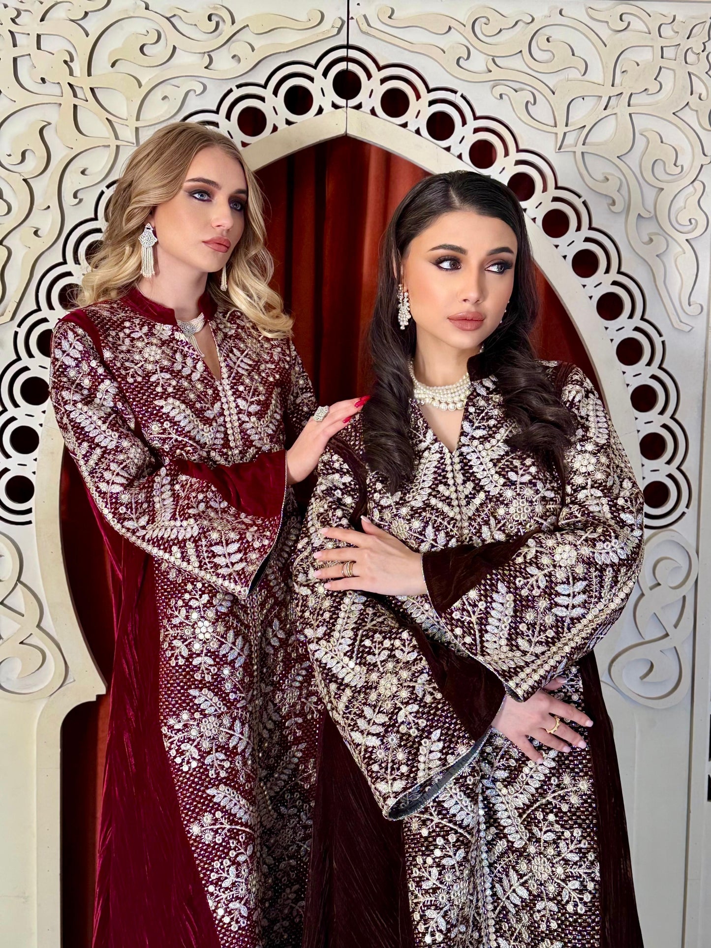 Velvet Embroidery Kaftan - Maroon