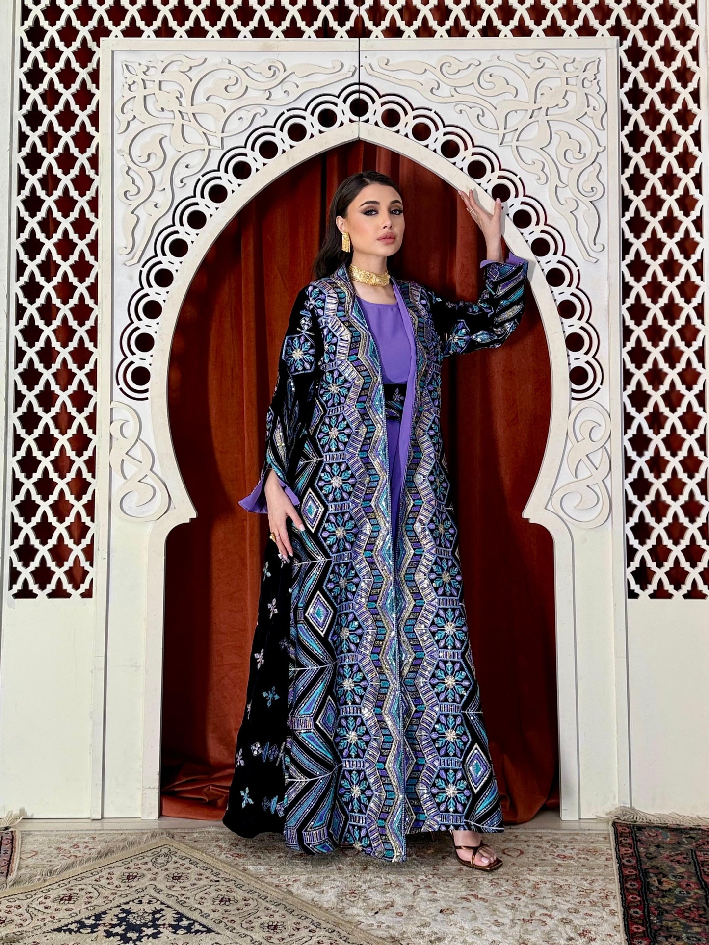 Velvet Dagla Set Kaftan -Black x Purple