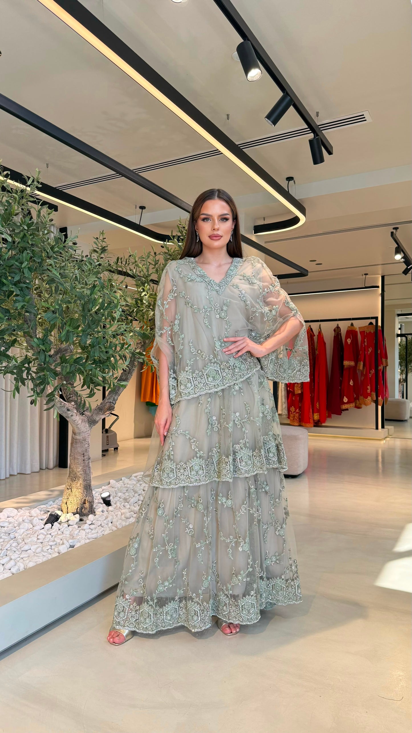 Triple Layer Jelwa Kaftan - Greyish Green