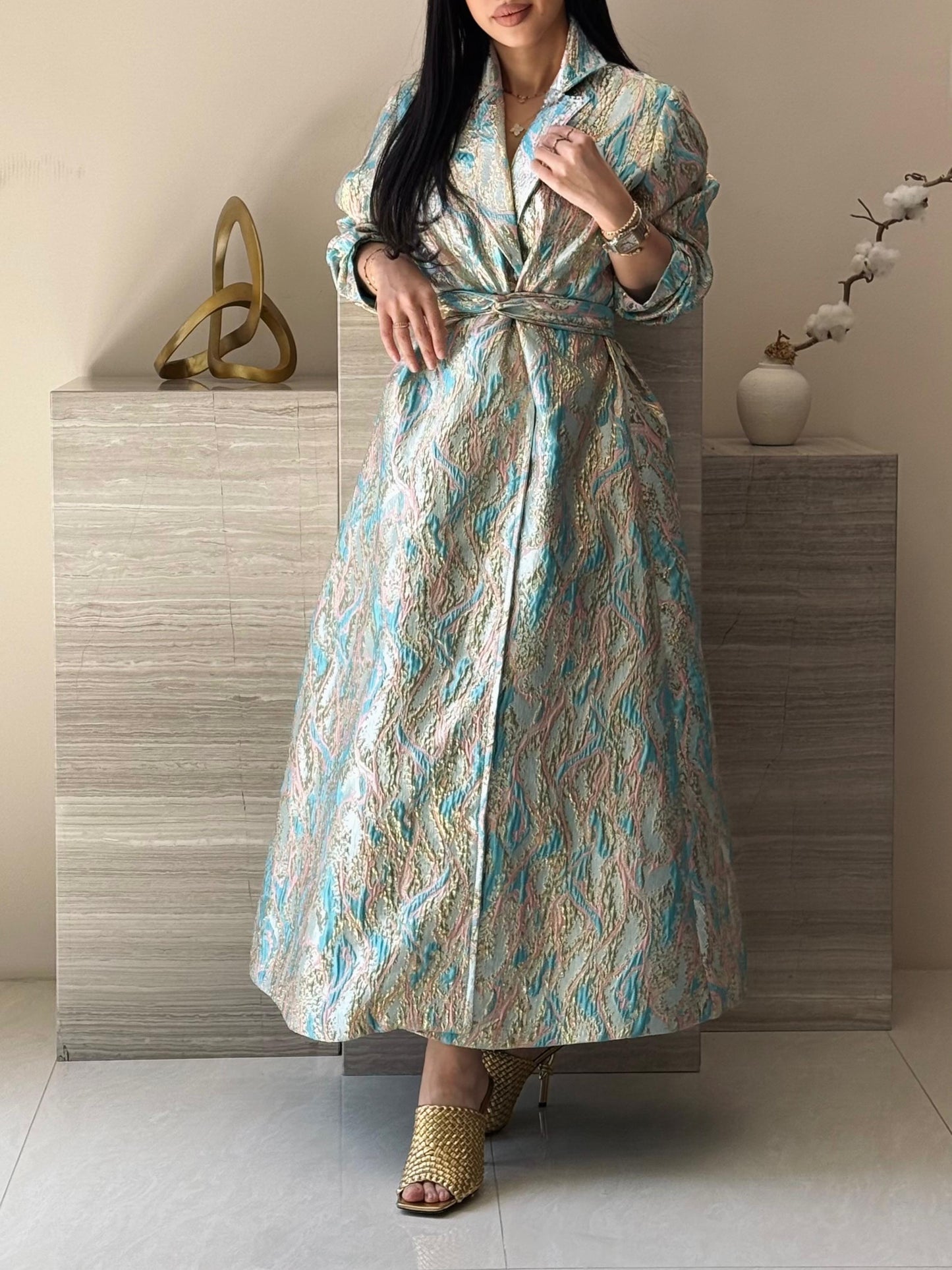 Brocade Trench Dress - Sky Blue x Gold