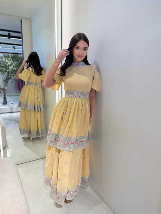 Off shoulders/ Double Layers Jelwa Dress- Butter Yellow