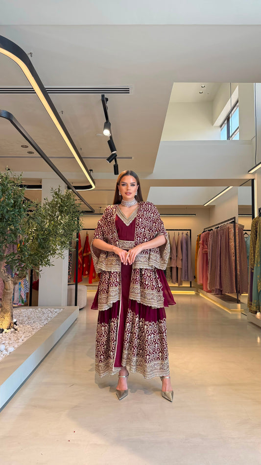 Triple Layer Jelwa Kaftan Bisht set - Burgundy