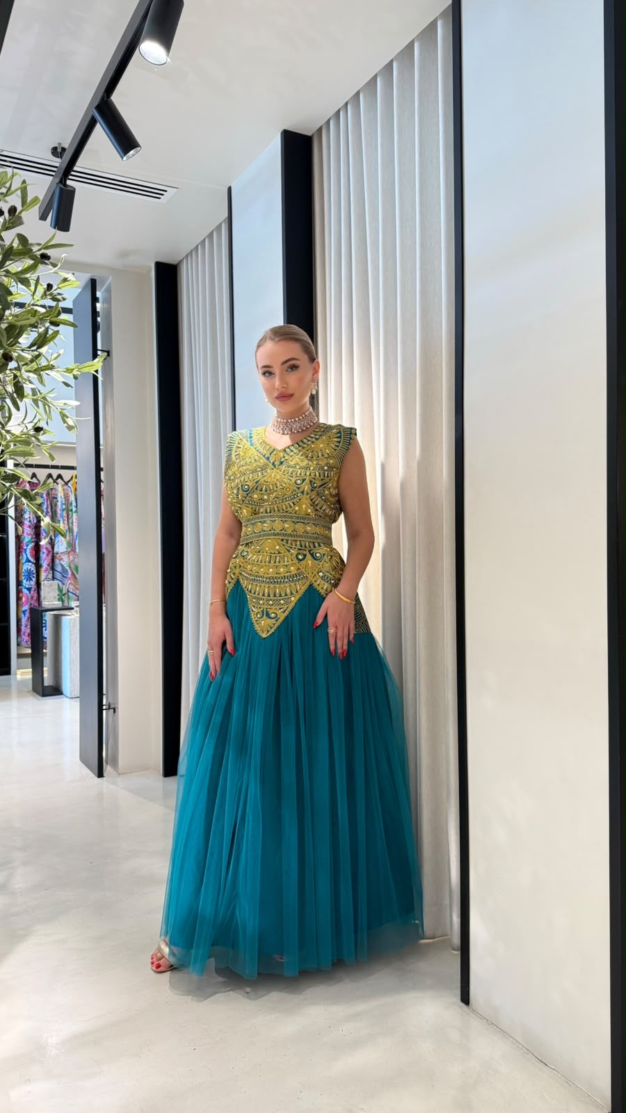 Nashel Jelwa Geometrical Dress X Tulle- Teal