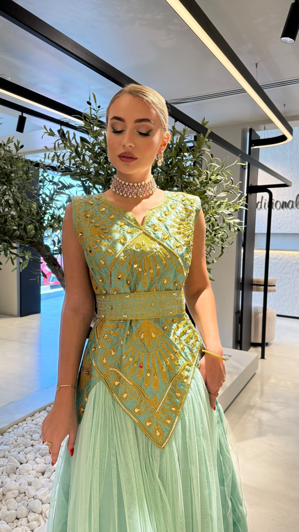 Nashel Jelwa Geometrical Dress X Tulle- Aqua