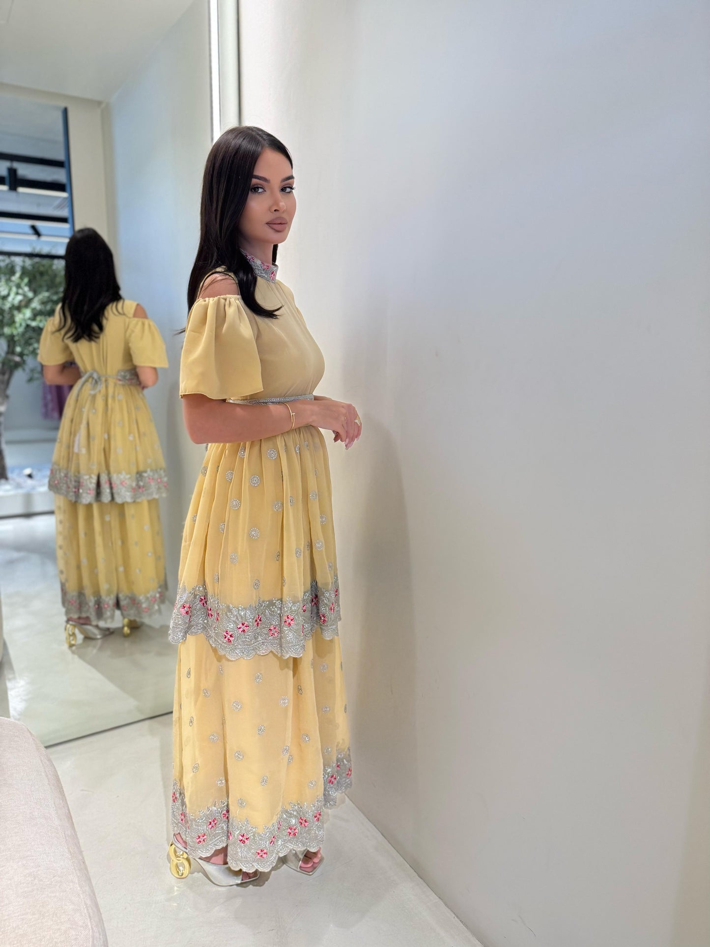 Off shoulders/ Double Layers Jelwa Dress- Butter Yellow