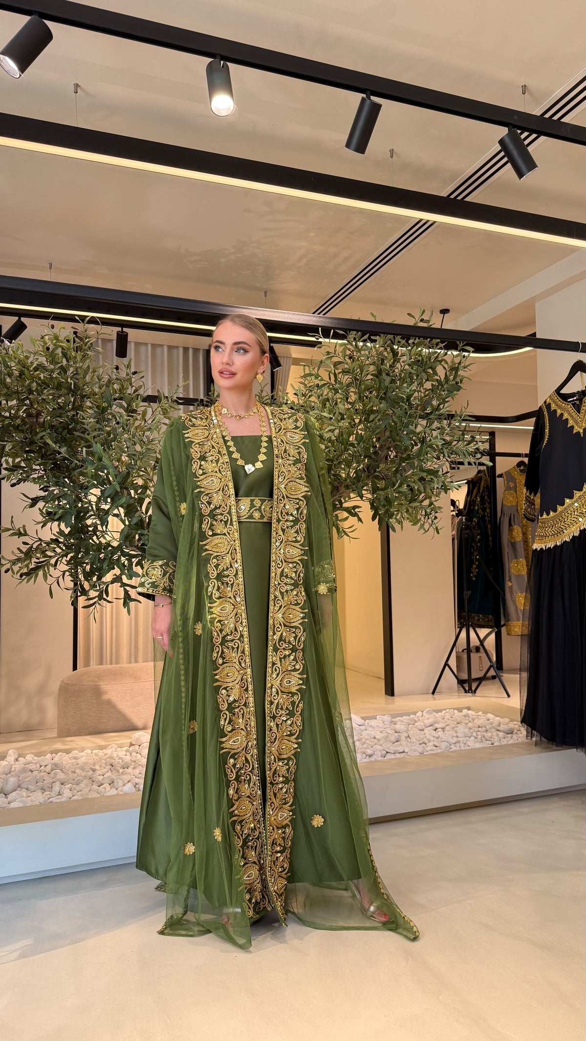 Nashel Jelwa Bisht/ Dress set- Olive Green